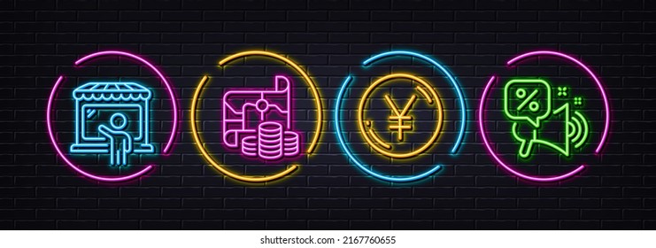 Yen money, Treasure map and Market seller minimal line icons. Neon laser 3d lights. Discounts offer icons. For web, application, printing. Currency, Finance investment, Store buyer. Vector