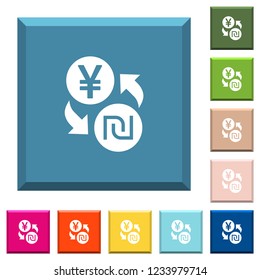 Yen new Shekel money exchange white icons on edged square buttons in various trendy colors