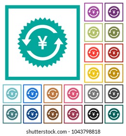 Yen pay back guarantee sticker flat color icons with quadrant frames on white background