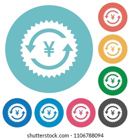 Yen pay back guarantee sticker flat white icons on round color backgrounds