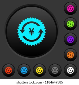 Yen pay back guarantee sticker dark push buttons with vivid color icons on dark grey background