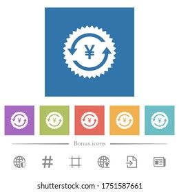 Yen pay back guarantee sticker flat white icons in square backgrounds. 6 bonus icons included.