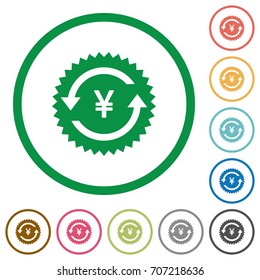 Yen pay back guarantee sticker flat color icons in round outlines on white background