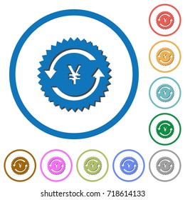 Yen pay back guarantee sticker flat color vector icons with shadows in round outlines on white background