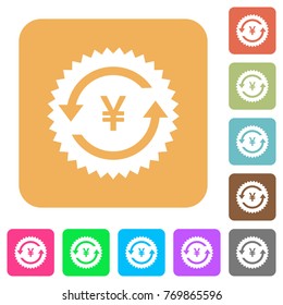 Yen pay back guarantee sticker flat icons on rounded square vivid color backgrounds.