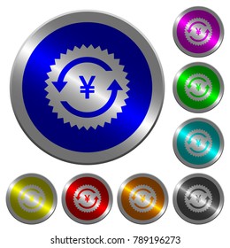 Yen pay back guarantee sticker icons on round luminous coin-like color steel buttons