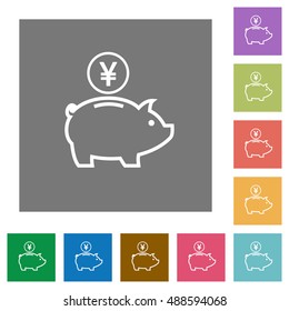 Yen piggy bank flat icon set on color square background.