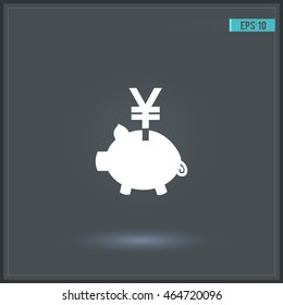 Yen with piggy bank. Vector icon.