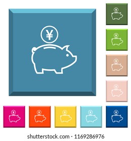 Yen piggy bank white icons on edged square buttons in various trendy colors