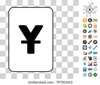 Yen playing card pictogram with bonus bitcoin mining and blockchain graphic icons. Flat vector pictograms for cryptocurrency toolbars.
