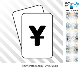 Yen playing cards icon with 7 hundred bonus bitcoin mining and blockchain pictographs. Flat vector graphics for gambling and bitcoin websites.