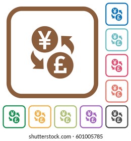 Yen Pound money exchange simple icons in color rounded square frames on white background