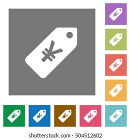 Yen price label flat icons on simple color square background.