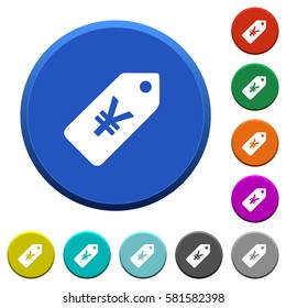 Yen price label round color beveled buttons with smooth surfaces and flat white icons