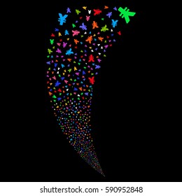 Yen random fireworks stream. Vector illustration style is flat bright multicolored iconic symbols on a black background. Object fountain made from scattered symbols.