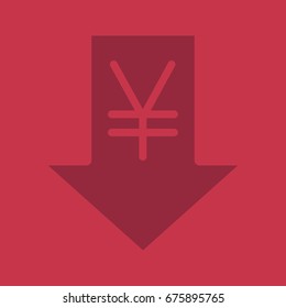 Yen rate falling glyph color icon. Silhouette symbol. China and Japan currency with down arrow. Negative space. Vector isolated illustration