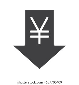 Yen rate falling glyph icon. Silhouette symbol. China and Japan currency with down arrow. Negative space. Vector isolated illustration