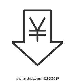 Yen rate falling linear icon. Thin line illustration. China and Japan currency with down arrow contour symbol. Vector isolated outline drawing