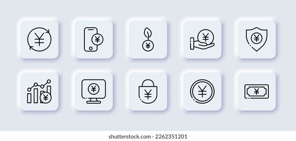Yen setzt Icon. Stat, Schützen, Graph, Computer, Buchhaltung, Geldbeutel, Münze, Blockchain, Internet, Cloud-Speicher-Funktionen, online, Austausch. Neomorphismus-Stil. Vektorliniensymbol für Werbung