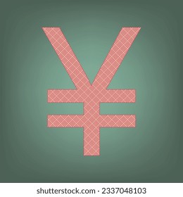 Yen sign. Apricot Icon with Brick Red parquet floor graphic pattern on a Ebony background. Feldgrau. Green. Illustration.