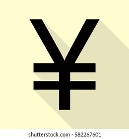 Yen sign. Black icon with flat style shadow path on cream background.