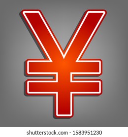 Yen sign. Flat red icon with linear white icon with gray shadow at grayish background. Illustration.