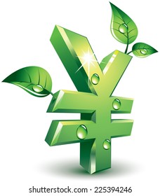 Yen sign with green leaves. Eps8. CMYK. Organized by layers. Global colors. Gradients used.