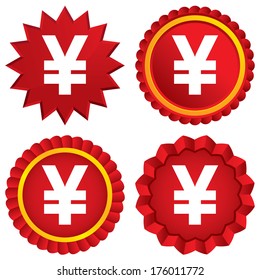 Yen sign icon. JPY currency symbol. Money label. Red stars stickers. Certificate emblem labels. Vector