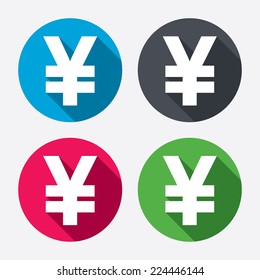 Yen sign icon. JPY currency symbol. Money label. Circle buttons with long shadow. 4 icons set. Vector