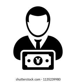 Yen sign icon vector male user person profile avatar with currency money symbol for banking and finance business in flat color glyph pictogram illustration