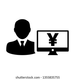 Yen sign icon vector male user person profile avatar with computer monitor currency money symbol for banking and finance business in flat color glyph pictogram illustration