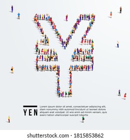 Yen Sign. Large group of people form to create Japanese yen sign. Vector illustration. Currency of Japan.