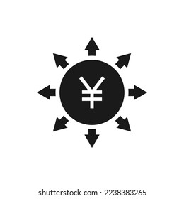 Yen sign with multi-directional arrows. Spread of money. Financial deployment