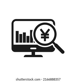 Yen sign on computer screen. Financial research, money analysis icon concept isolated. Vector illustration