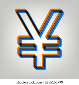 Yen sign. Stroked Icon in orange, azure and old lavender Colors at gray Background. Illustration.