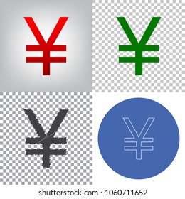 Yen sign. Vector. 4 styles. Red gradient in radial lighted background, green flat and gray scribble icons on transparent and linear one in blue circle.