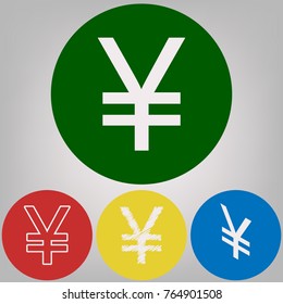 Yen sign. Vector. 4 white styles of icon at 4 colored circles on light gray background.