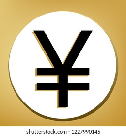 Yen sign. Vector. Black icon with light brown shadow in white circle with shaped ring at golden background.