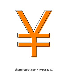 Yen sign. Vector. Black line icon with shifted flat orange filled icon on white background. Isolated.