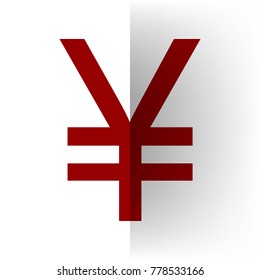 Yen sign. Vector. Bordo icon on white bending paper background.