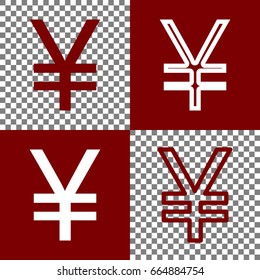 Yen sign. Vector. Bordo and white icons and line icons on chess board with transparent background.
