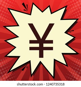 Yen sign. Vector. Dark red icon in lemon chiffon shutter bubble at red popart background with rays.