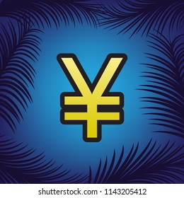 Yen sign. Vector. Golden icon with black contour at blue background with branches of palm trees.