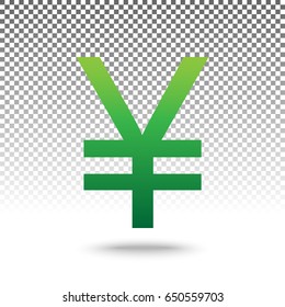 Yen sign. Vector. Green gradient icon with shadow at bottom on transparent and white background.