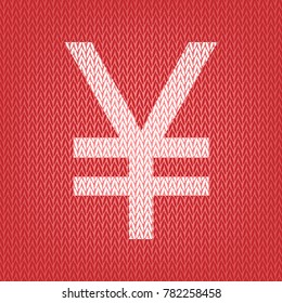 Yen sign. Vector. Knitted white icon on a red knitted background.