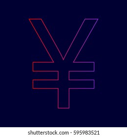 Yen sign. Vector. Line icon with gradient from red to violet colors on dark blue background.