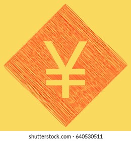 Yen sign. Vector. Red scribble icon obtained as a result of subtraction rhomb and path. Royal yellow background.