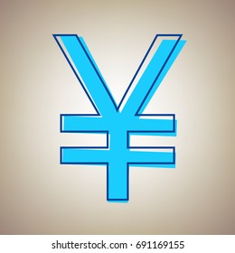 Yen sign. Vector. Sky blue icon with defected blue contour on beige background.