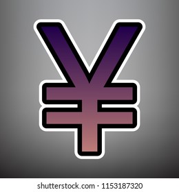 Yen sign. Vector. Violet gradient icon with black and white linear edges at gray background.