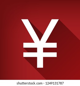Yen sign. Vector. White icon with limitless shadow at ruby red background.
